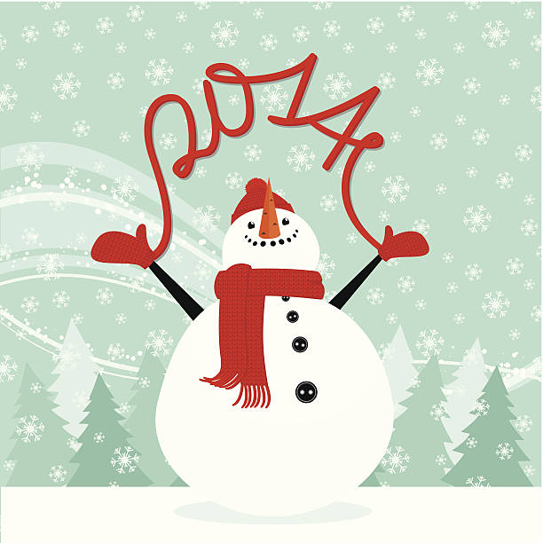 ilustrações de stock, clip art, desenhos animados e ícones de boneco de neve felicita feliz ano novo de 2014 - new years eve 2014 christmas retro revival