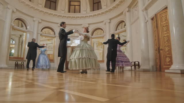 Aristocracy Ball Dancing on Parquet Floor in Ballroom