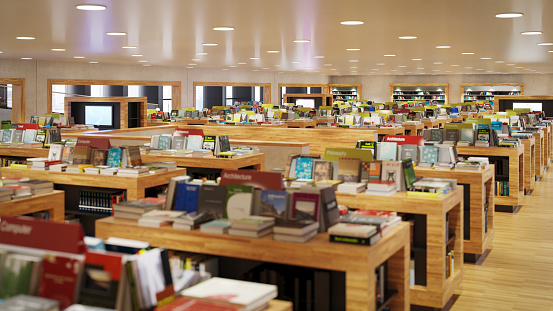 Interior of a large modern library with bookshelves.