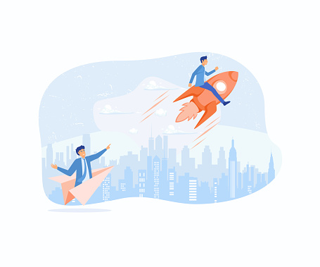 Business competition. Businessman riding fast rocket to win against other origami airplane, flat vector modern illustration