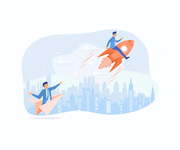 Vector illustration of Business competition. Businessman riding fast rocket to win against other origami airplane, flat vector modern illustration
