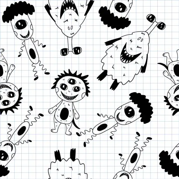 Vector illustration of Cute seamless pattern with monsters in doodle style on checkered paper background