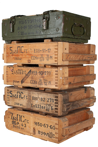 Army ammunition stack of wooden crates. Text in russian - type of ammunition, projectile caliber, projectile type, number of pieces and weight. Isolated on white background.