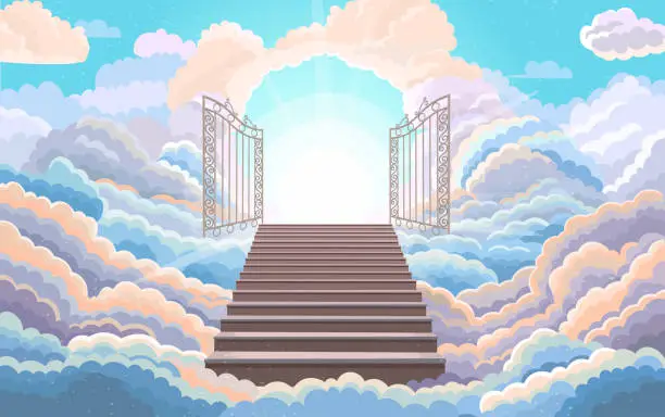 Vector illustration of Entrance to paradise, open gate. Staircase leading to to the wrought iron gates.background with fluffy clouds. Stairs up. Vector cartoon illustration.
