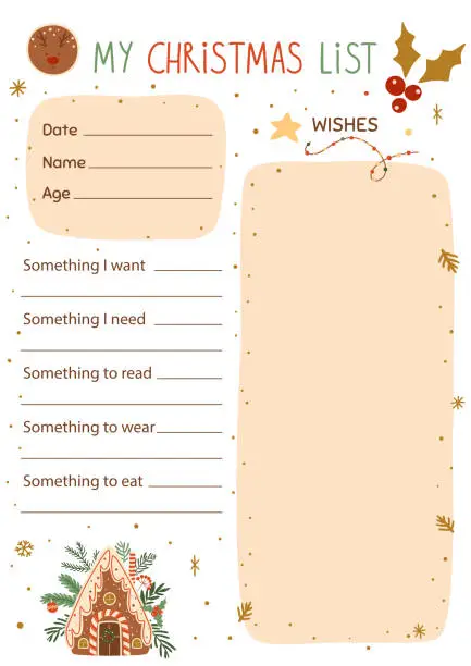Vector illustration of Christmas wishes list template decorated tasty gingerbread cookies, house Vector winter holiday gifts planner.