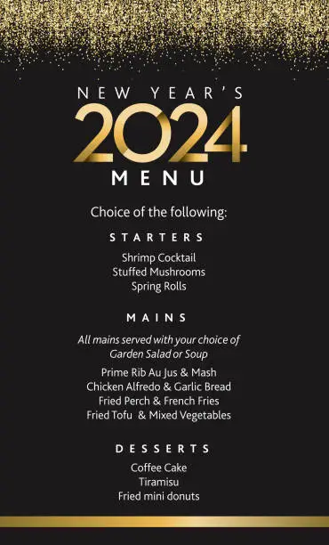 Vector illustration of 2024 Happy New Year Dinner menu design template with elegant glittering gold colored design