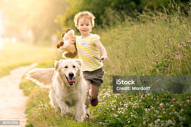 Zwei Freunde Laufen Zusammen Stockfoto und mehr Bilder von Kind - Kind, Golden Retriever, Hund