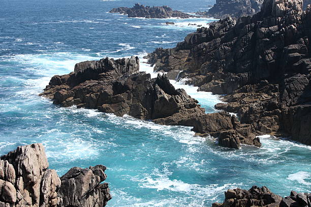Sea view with rocky coast in Brittany, France.