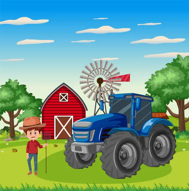 Vector illustration of Farner at farmland with tractor and barn