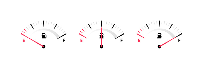 Fuel gauge scales with different level. Fuel measuring by gauge for control gas, gasoline or diesel level. Car dial fuel dashboard. Vector illustration.