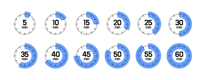 Timer, clock or stopwatch dial with different meanings from 5 to 60 minutes. Countdown timer icon set. Vector illustration.