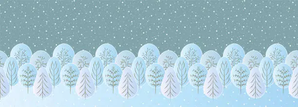 Vector illustration of Winter landscap with cute trees in snow, banner with winter forest and snowfall.