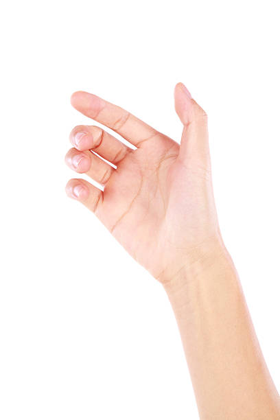 hand hält virtuelle karte geste auf weißem hintergrund - human hand reaching human arm gripping stock-fotos und bilder