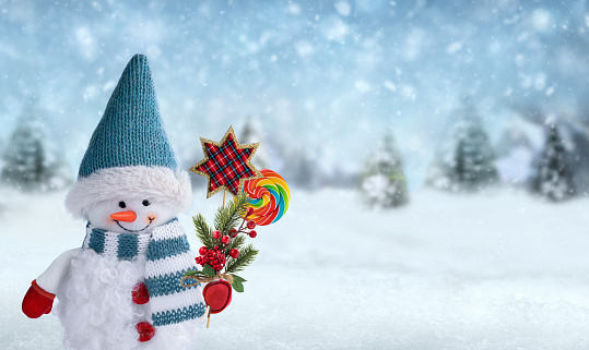 Happy snowman holding a fir branch decorated with berries, candy and star shaped decoration on abstract snow landscape background.  Christmas and New Year card or banner with a snowman dressed in red mittens,  blue hat and scarf in winter landscape.