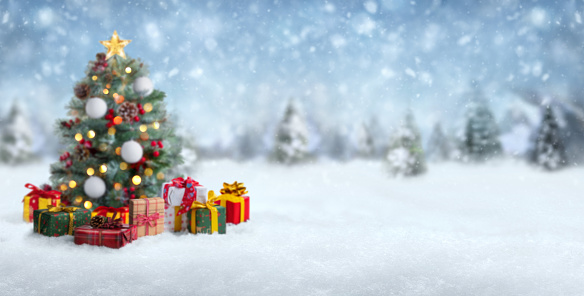 Blurred Christmas tree and gift boxes on abstract snow landscape background. Winter holiday sale concept. Panoramic banner with copy space. Soft focus on foreground.