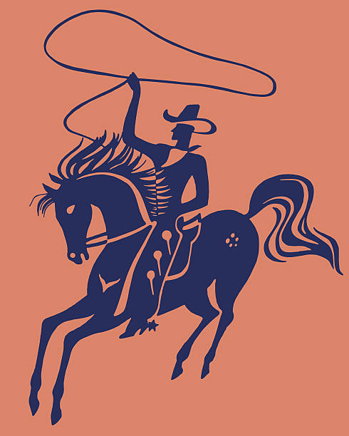 illustrazioni stock, clip art, cartoni animati e icone di tendenza di cowboy con lazo - cowboy horse lasso rodeo
