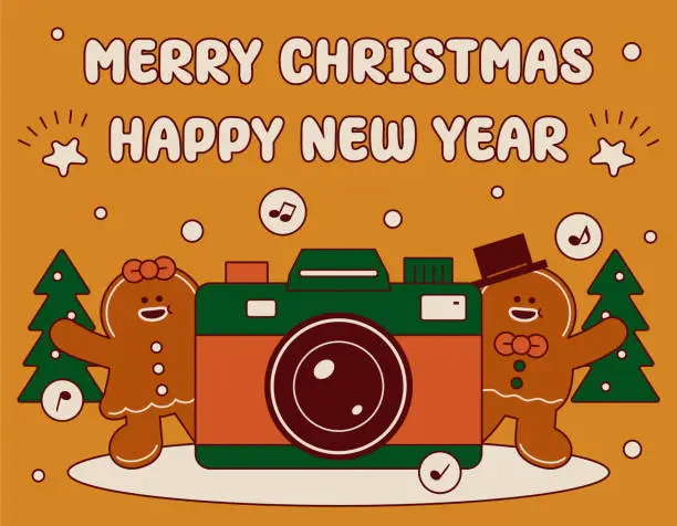 Vector illustration of A cute gingerbread couple greeting with a big camera and wishing you a Merry Christmas and a Happy New Year