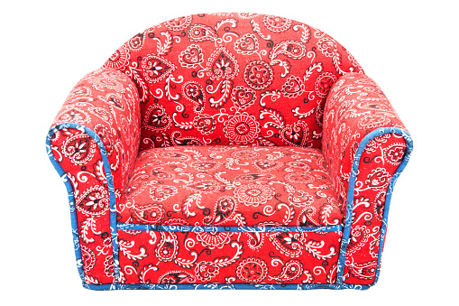 Red calico print chair with blue piping.RM.  rr