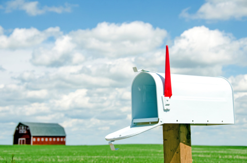 An open white country and rural mailbox with  copy space on the mailbox. In the background an imerging grain crop and a red barn.