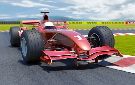 Close front view of a red race car on a track. High resolution 3D render.  +++NEW VERSION WITH MORE REALISTIC LIGHTING+++