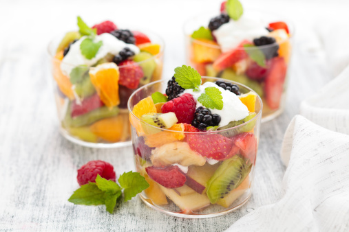 Fruit Salad in small elegant glasses. Shallow dof.