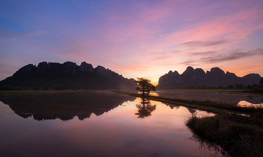Landscape  Khao Nor and Khao Kaew  scenery with rice fields and streams in sunrise time Nakhon Sawan Province Thailand.