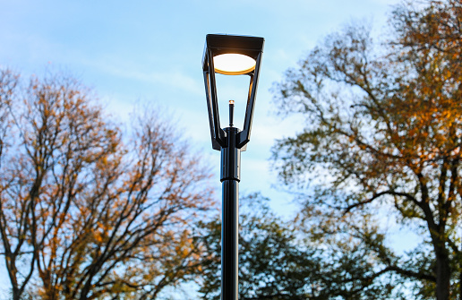 Glowing street lamp illuminates a serene urban night scene with soft light and inviting ambiance