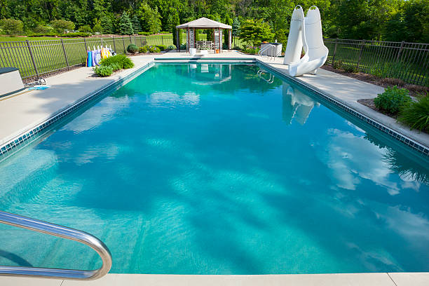 istock Large Swimming Pool With Slide, Pavilion 181057488