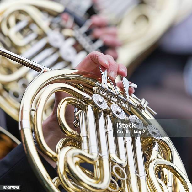 French Horn Spielen Im Orchestra Konzert Im Freien Squarenahaufnahme Stockfoto und mehr Bilder von Bildschärfe