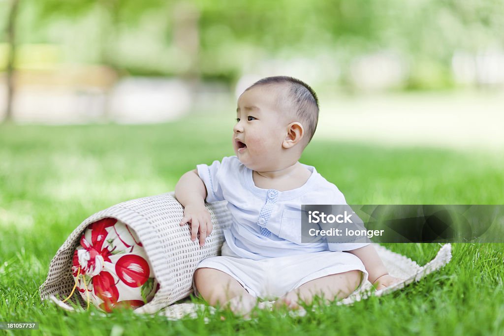 Asian Sweet little baby boy sentado en el césped - Foto de stock de 0-11 meses libre de derechos