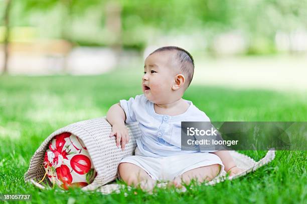 Asian Sweet Little Baby Boy Sentado En El Césped Foto de stock y más banco de imágenes de 0-11 meses - 0-11 meses, 2-5 meses, Aire libre