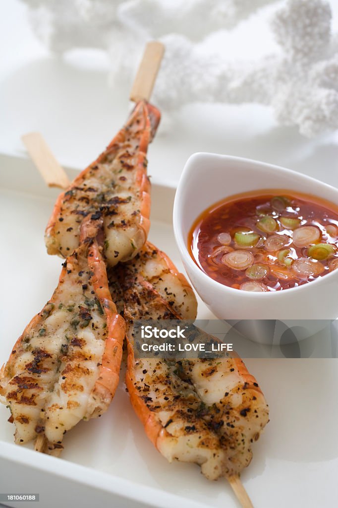 Grilled shrimp satay Grilled shrimp satay and spicy sauce on white background. Satay Stock Photo