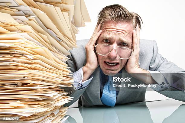 Businessman Crying From Stress At His Overflowing Inbox Stock Photo - Download Image Now