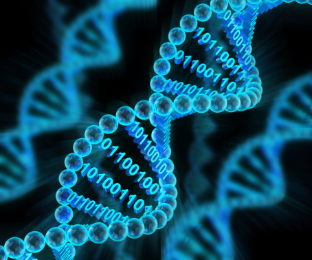 DNA molecules with binary code, 3d render