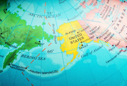 Map of Alaska and Bering Sea in an small desktop world globe