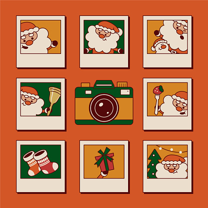 Cute Christmas Characters Vector Art Illustration.
A camera and lots of photos taken by Cute Santa Claus at Christmas, wishing you a Merry Christmas and a Happy New Year.