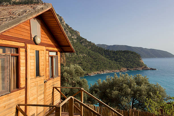 A lakeshore cabin on an island