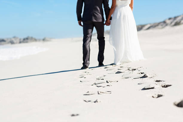 istock Couple Walking On Beach Leaving Behind Track Of Footprints 181061776