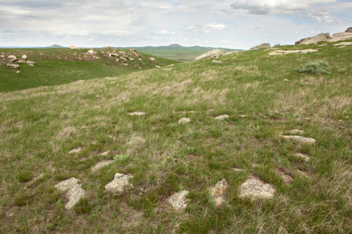 Rocks that once held down the edges of a Native American teepee remain in a circle, sunken into the soil with time where they were left on the prairie. The teepee ring sits on the hilly plains of South Dakota north of Sturgis.