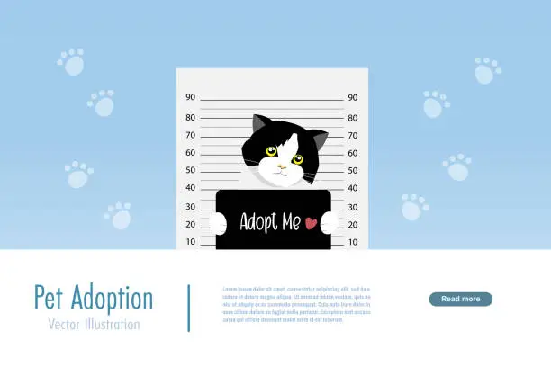 Vector illustration of Pet adoption and animal shelter. Cat holding adopt me banner on mugshot background. Vector.