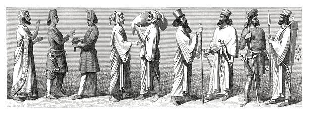 costumes from ancient persia (antique wood engraving) - girona stock illustrations