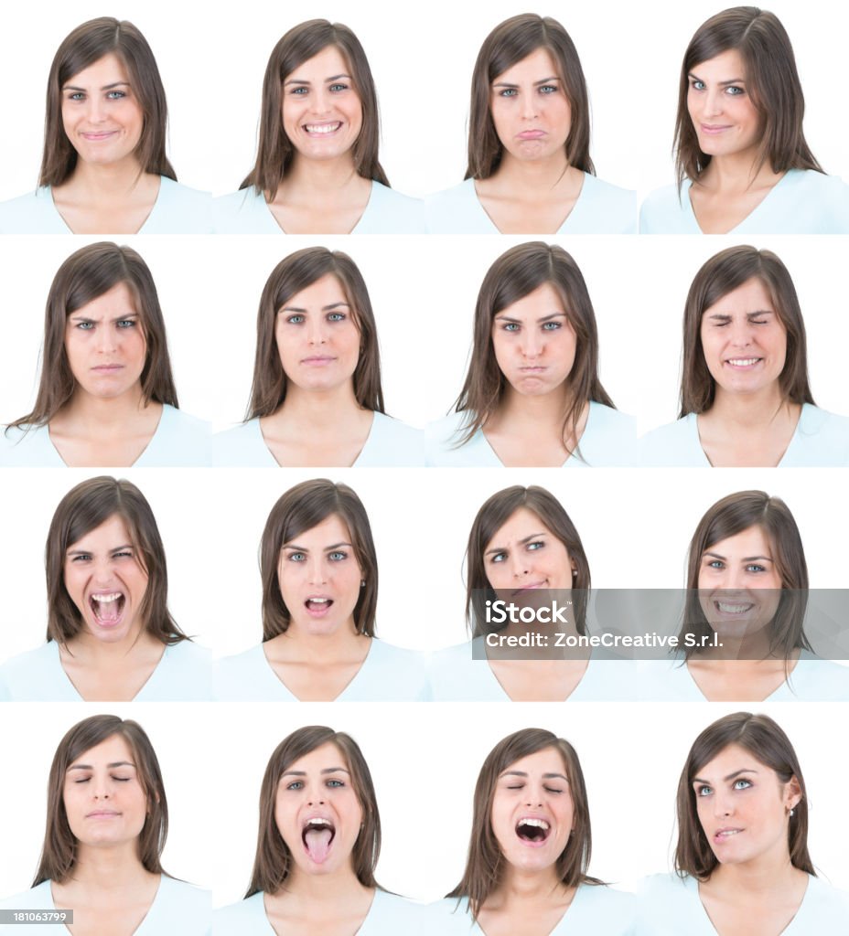 Ausdrucksstarke brown langes Haar Frau emotion set Sammlung auf Weiß - Lizenzfrei Phasenaufnahme Stock-Foto