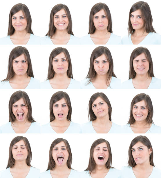 istock Expressive brown long hair woman emotion set collection on white 181063799
