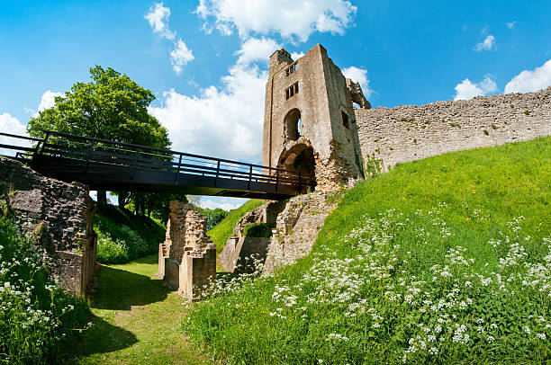 Sherborne Old Castle, Castleton, Dorset, United Kingdom THIS CASTLE IS AN UNINHABITED RUIN. An ultra-wide angled view of Sherborne Old Castle in Dorset. Image taken on a sunny late spring afternoon from the earth moat and taken with a fish eye lens for abstract and dramatic effect. Space for copy and text.Similar images: keep fortified tower photos stock pictures, royalty-free photos & images