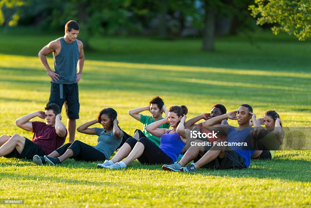 Outdoor Fitness Diverse outdoor fitness group Active Lifestyle Stock Photo