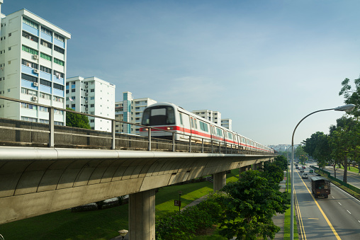 A Mass Rapid Transit Train Travelling on elevated rail track in Yishun New Town.
