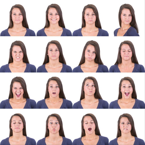 istock Expressive brown long hair woman emotion set collection on white 181066517