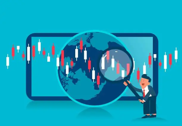 Vector illustration of Stock Market Investing and Analysis, Stock Selection Tips Analysis, Global Stock Market Forecasts, Businessman with a magnifying glass analyzing global stock market data on his smartphone