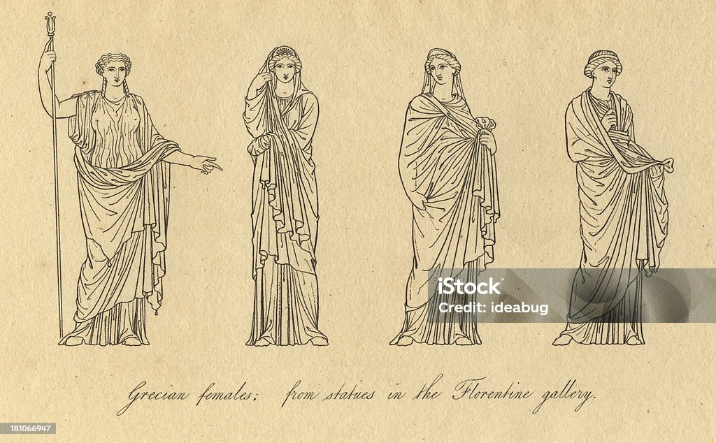 Old blanco y negro ilustración de griego hembra el vestuario - Ilustración de stock de Grecia - Europa del sur libre de derechos