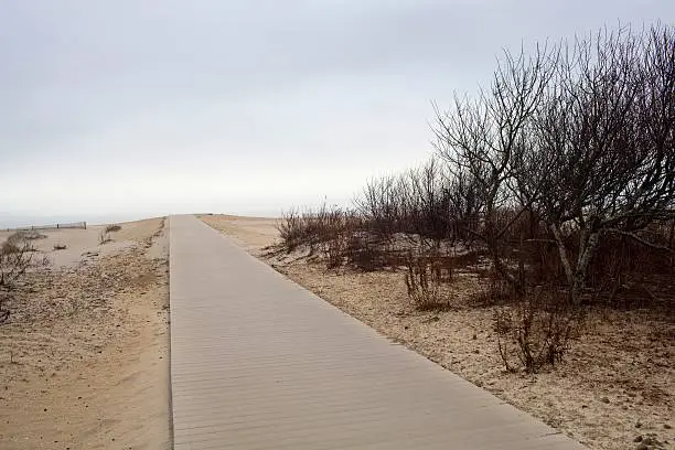 Photo of boardwalk leading to beach on cloudy day